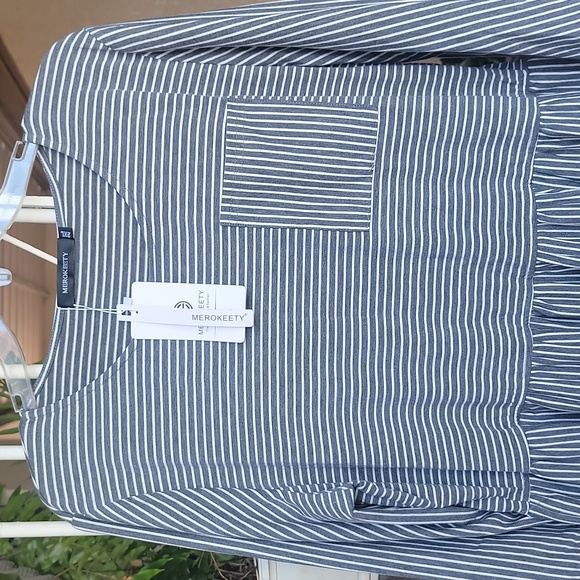 MEROKEETY Balloon Sleeve Striped Midi Shirt Dress Size 2XL/ 23" pit to pit - Picture 6 of 8